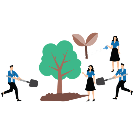 Volunteers planting trees to prevent global warming and air pollution  Illustration