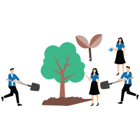 Volunteers planting trees to prevent global warming and air pollution  Illustration
