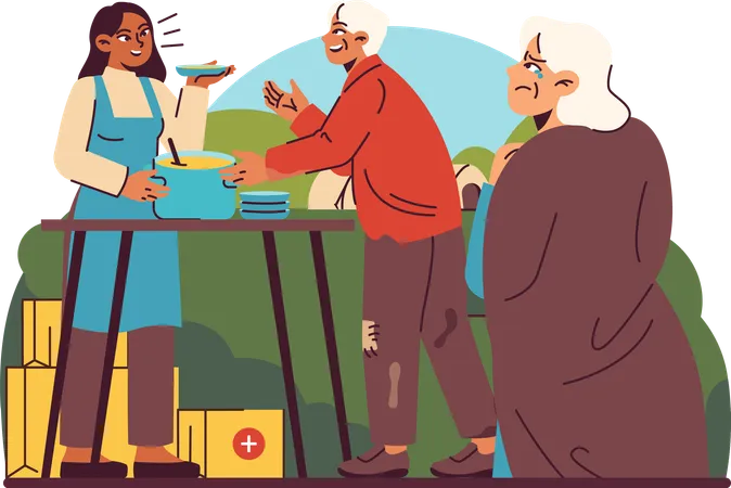 Volunteers serve meals to elderly and addressing hunger and food scarcity  Illustration