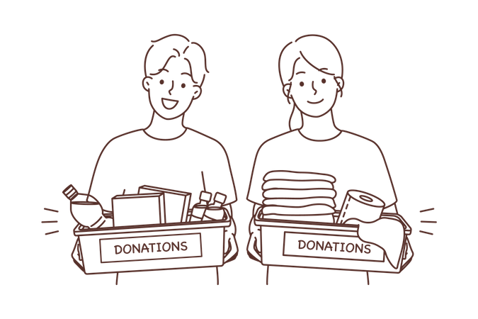 Volunteers with donation boxes  Illustration