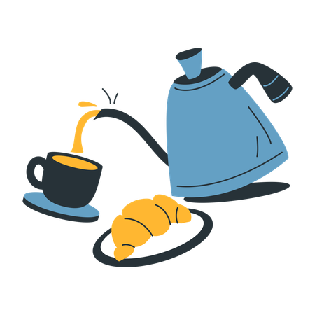 Von Frühstück Tee gießen und Croissant auf dem Teller  Illustration