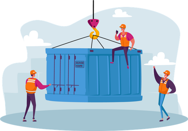 Vorarbeiter laden Containerkiste von Frachtschiff  Illustration