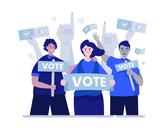 Electores de pie con signo de voto  Ilustración