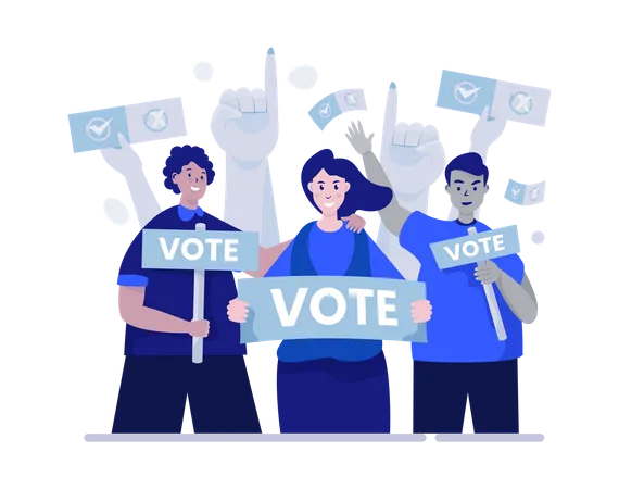 Electores de pie con signo de voto  Ilustración
