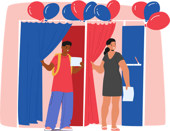 Voters At Polling Station With Blue And Red Curtains  Illustration