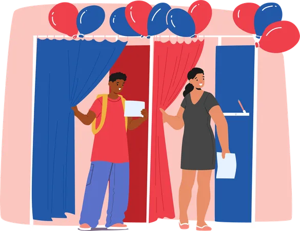 Voters At Polling Station With Blue And Red Curtains  Illustration