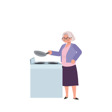 Vovó cozinhando refeições caseiras tradicionais no fogão  Ilustração