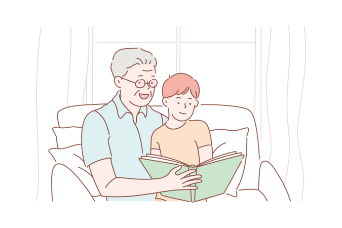 Vovô e neto assistindo álbum de fotos de família  Ilustração