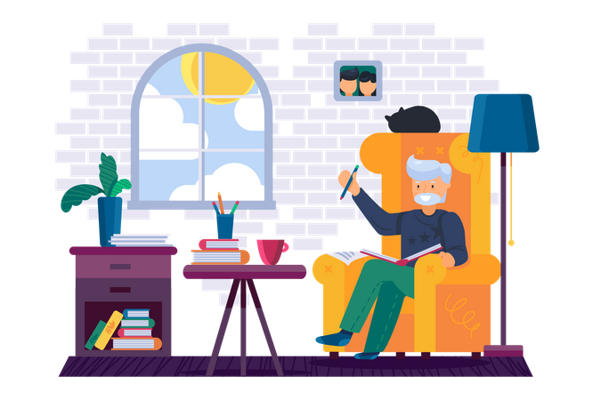 Vovô escrevendo no caderno  Ilustração