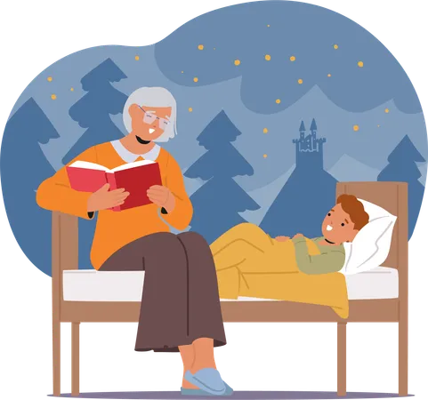 Vovó lendo contos de fadas para o neto na cama deitada  Ilustração