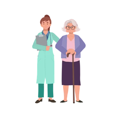 Mulher idosa, vovó, consultando uma médica para aconselhamento médico,  Ilustração
