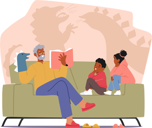 Vovô senta em um sofá aconchegante e lê um livro mágico de contos de fadas para o neto  Ilustração