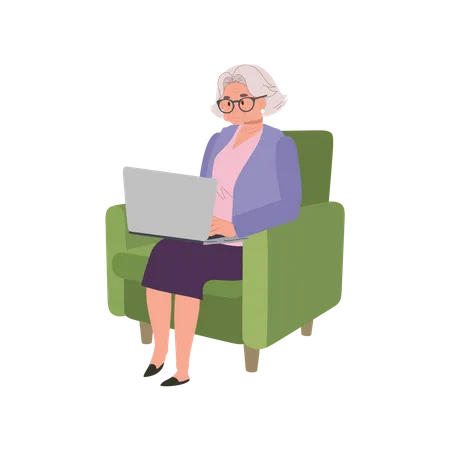 Vovó usando laptop no sofá para navegar online  Ilustração