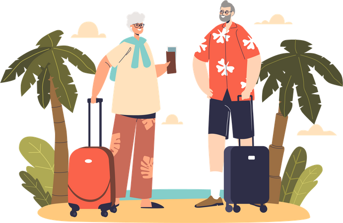 Un couple de personnes âgées voyage en vacances à la mer  Illustration