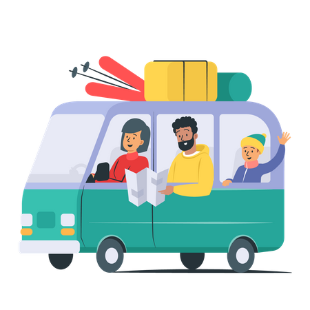 Voyage en famille en camionnette et utilisation d'une carte de voyage  Illustration