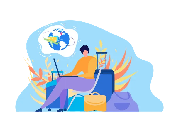 Voyage international avec une femme à bagages utilisant un ordinateur portable, recherchant les horaires des vols sur Internet  Illustration