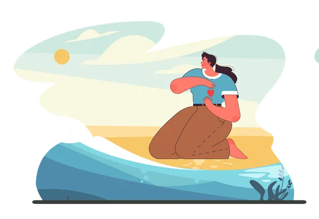 Le voyageur apprécie au bord de la plage  Illustration