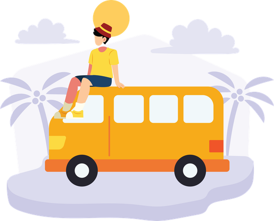 Voyageur assis sur une camionnette jaune Illustration