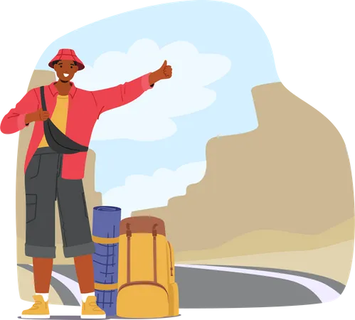 Voyageur debout au bord de la route avec un pouce levé  Illustration