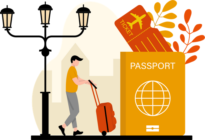 Voyageur masculin avec passeport et bagages  Illustration
