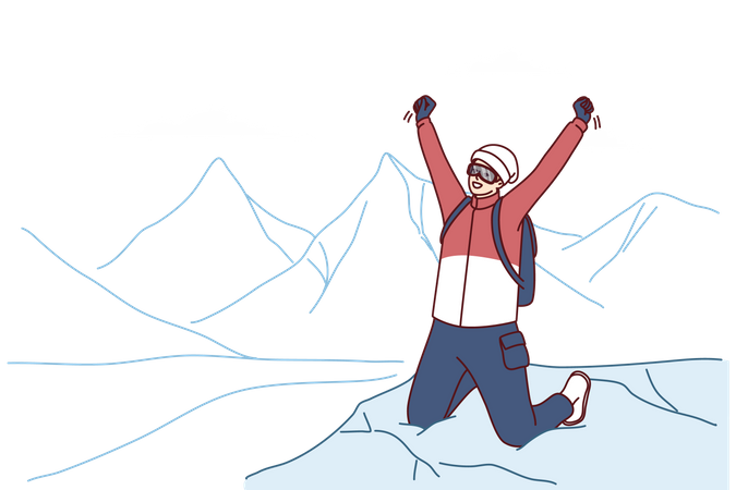 Un voyageur inspiré se tient au sommet d'une montagne et se réjouit de l'ascension réussie du sommet de l'Everest  Illustration