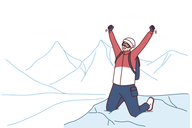 Un voyageur inspiré se tient au sommet d'une montagne et se réjouit de l'ascension réussie du sommet de l'Everest  Illustration