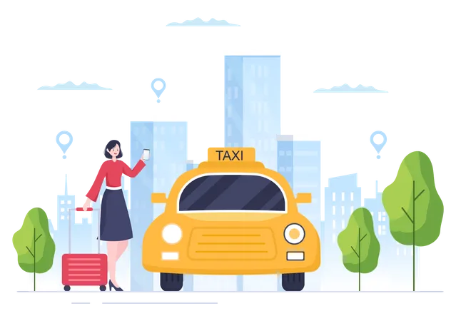 Voyageur utilisant le service de réservation de taxi en ligne  Illustration