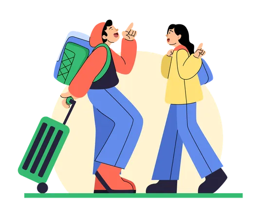 Des voyageurs discutent avec leurs bagages à la main  Illustration