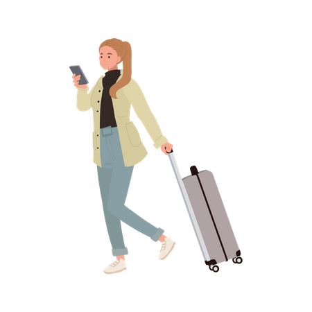 Femme voyageant avec bagage à main utilisant un smartphone  Illustration