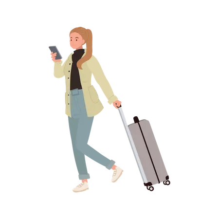 Femme voyageant avec bagage à main utilisant un smartphone  Illustration