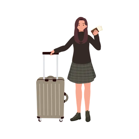 Femme voyageant avec bagages et carte d'embarquement  Illustration