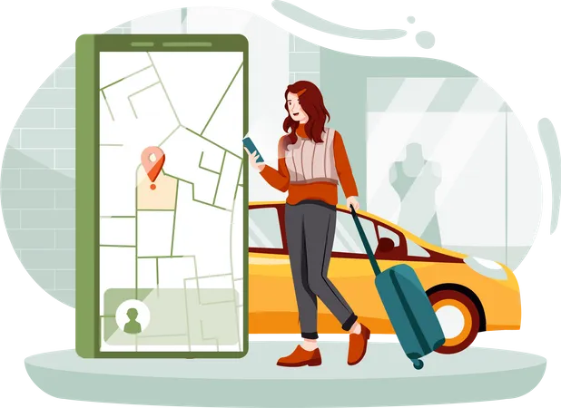 Traveler Lady commandant un taxi depuis une application mobile  Illustration