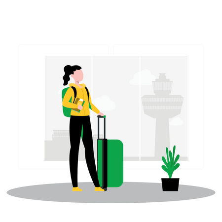 Voyageuse debout avec des bagages à l'aéroport  Illustration