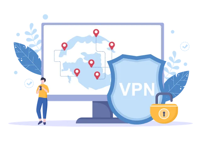 VPN Oder Virtual Private Network Service Cartoon Vektorillustration Zum Schutz Zur Cybersicherheit Und Zur Sicherung Seiner Personlichen Daten Auf Smartphone Oder Computer Illustration
