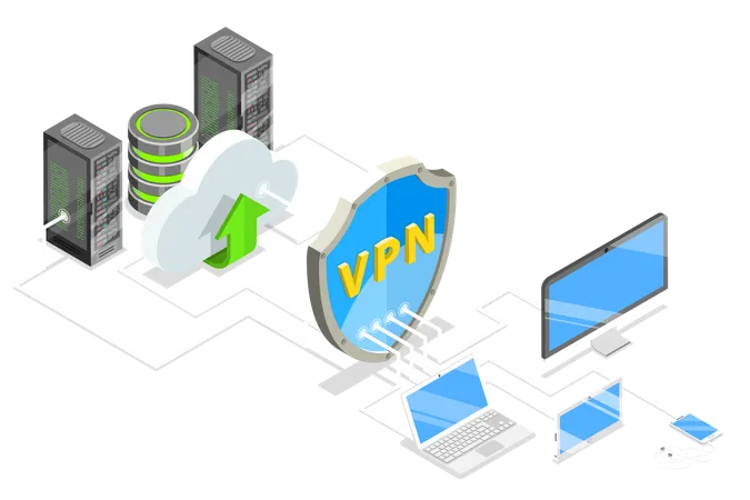 Isometric Flat Vector Concept Of VPN Protection Cyber Security Traffic Encryption Virtual Private Network Illustration