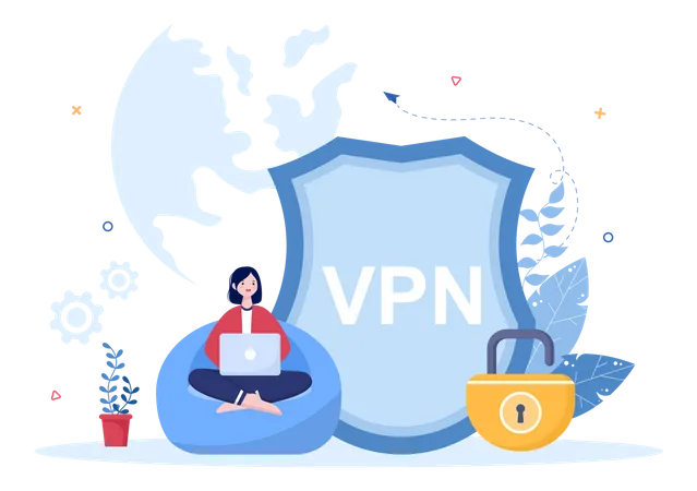 VPN O Servicio De Red Privada Virtual Ilustracion Vectorial De Dibujos Animados Para Proteger Ciberseguridad Y Proteger Sus Datos Personales En Telefonos Inteligentes O Computadoras Ilustración