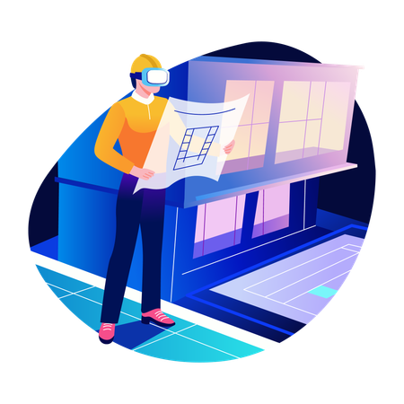 Arquiteto de RV segurando mapa virtual  Ilustração