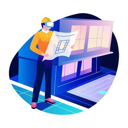 Arquiteto de RV segurando mapa virtual  Ilustração