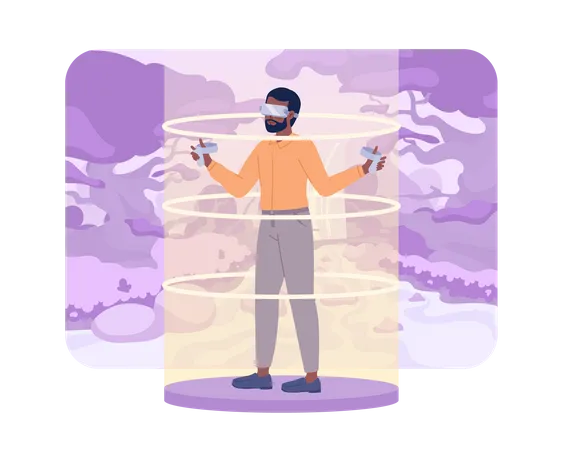 VR game player in purple magic forest Illustration