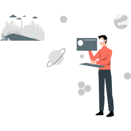 VR技術を使って市場分析をする少年  イラスト