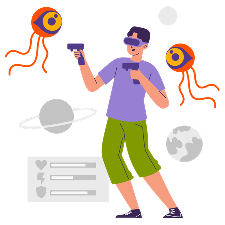 インタラクティブジョイスティックを使って没入型 VR ゲームをプレイする少年  イラスト