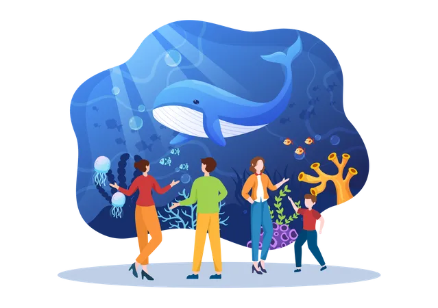 Vue familiale sur la baleine à l'aquarium de poissons  Illustration