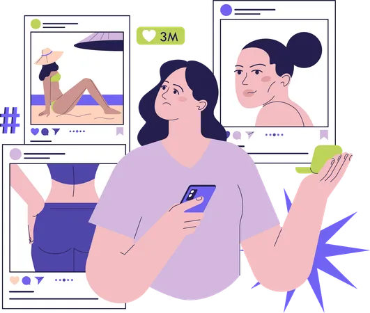 Vue d'une femme sur sa publication sur les réseaux sociaux  Illustration