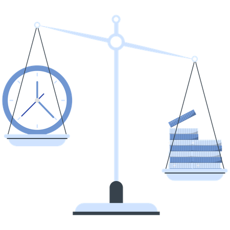 Waage mit Uhr und Münzen Finanzielle Entscheidungsfindung  Illustration