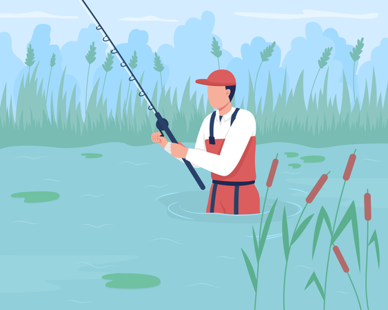 Wade fishing flat color vector illustration Illustration