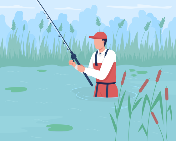 Wade fishing flat color vector illustration  Illustration