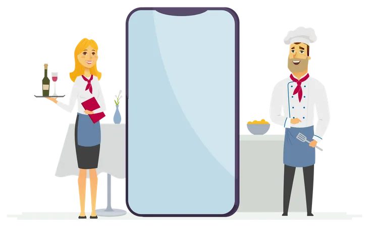 Waiter and chef standing near mobile screen Illustration