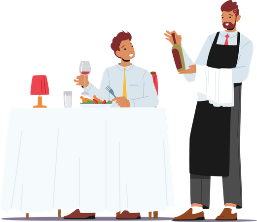 Waiter Bring Bottle to Male  Illustration