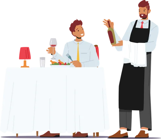 Waiter Bring Bottle to Male  Illustration