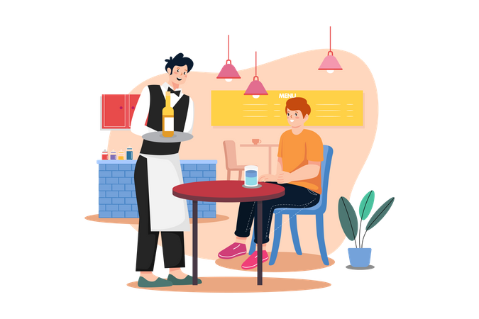 Waiter Bring Bottle to Male  Illustration